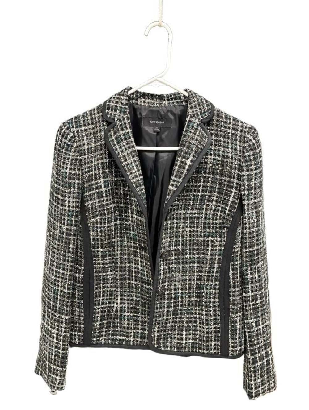 Jones New York  Black Metallic Tweed Plaid Blazer Jacket Size 4